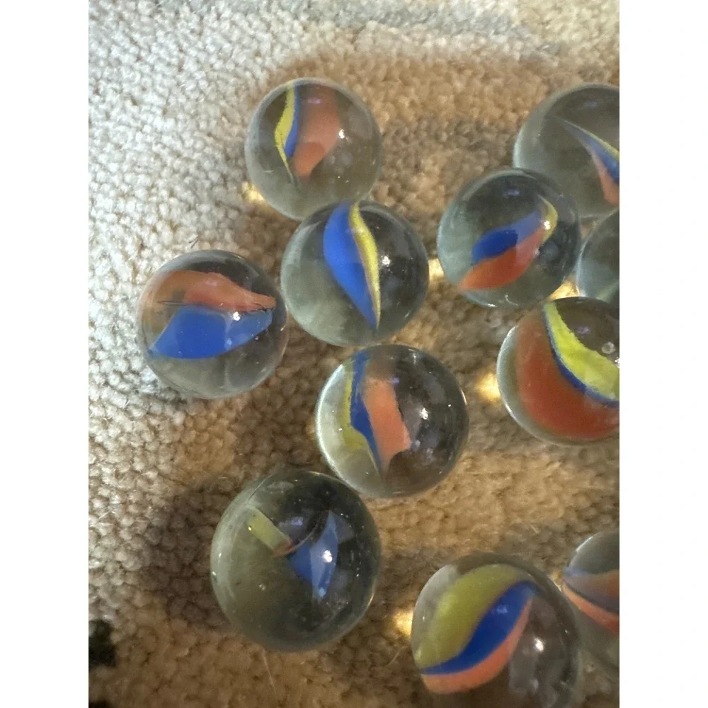 Vintage Cat Eye Marbles Clear Glass Blue Orange Yellow Swirl Lot of 17 Retro